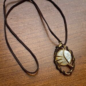 Disney Zombies 🧟White Iridescent Pendant Necklace Gold Tone with Brown Leather